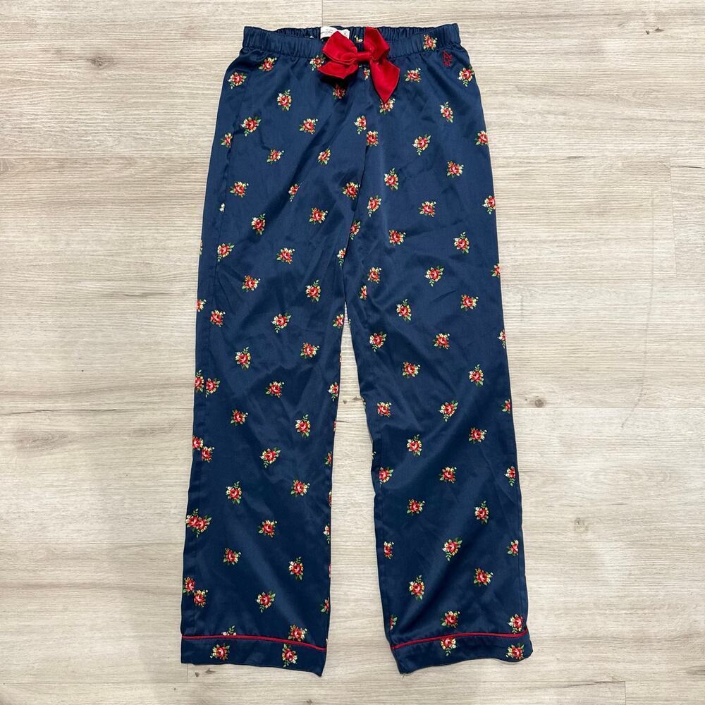 Abercrombie & Fitch Women's Satin Soft Blue Floral Rose Bow Pajama Pants Size XS